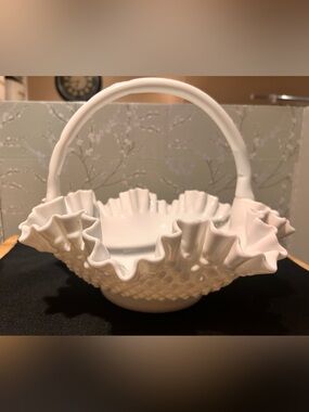 Vintage Fenton Ruffled Hobnail Milk Glass Basket- Large
